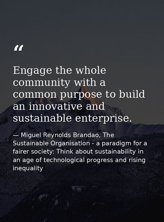 Engage the whole community with a common purpose to build an innovative and sustainable enterprise. — Miguel Reynolds Brandao, The Sustainable Organisation - a paradigm for a fairer society: Think about sustainability in an age of technological progress and rising inequality