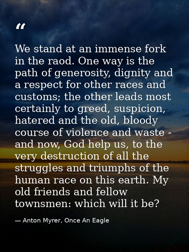 We stand at an immense fork in the raod. One way is the path of generosity, dignity and a respect for other races and cu — Anton Myrer, Once An Eagle