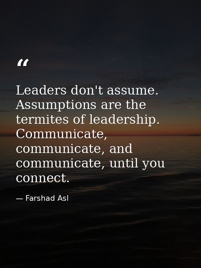 Leaders don't assume. Assumptions are the termites of leadership. Communicate, communicate, and communicate, until you c — Farshad Asl