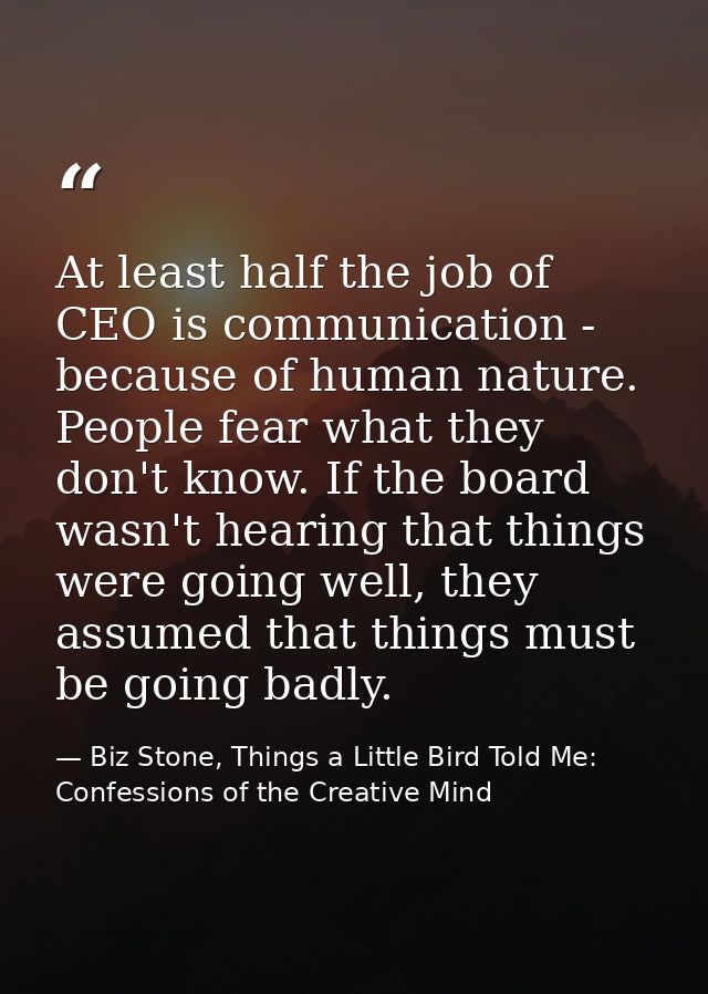 At least half the job of CEO is communication - because of human nature. People fear what they don't know. If the board  — Biz Stone, Things a Little Bird Told Me: Confessions of the Creative Mind