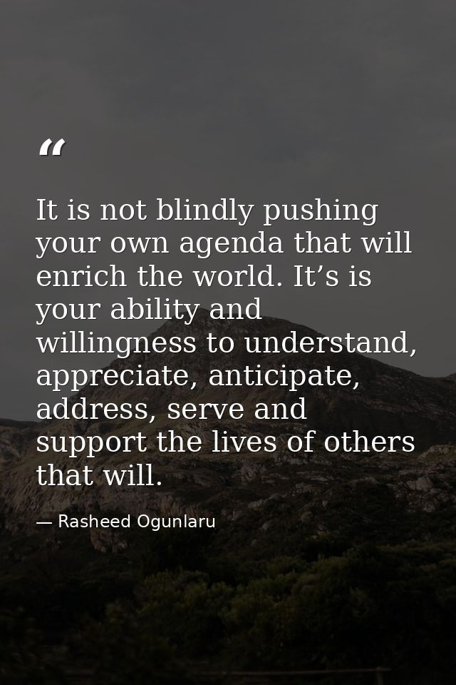 It is not blindly pushing your own agenda that will enrich the world. It’s is your ability and willingness to understand — Rasheed Ogunlaru