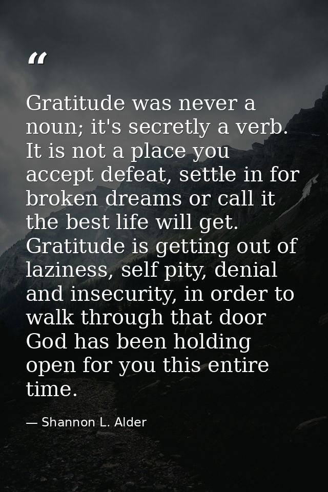 Gratitude was never a noun; it's secretly a verb. It is not a place you accept defeat, settle in for broken dreams or ca — Shannon L. Alder