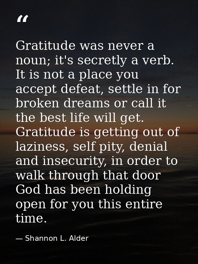 Gratitude was never a noun; it's secretly a verb. It is not a place you accept defeat, settle in for broken dreams or ca — Shannon L. Alder