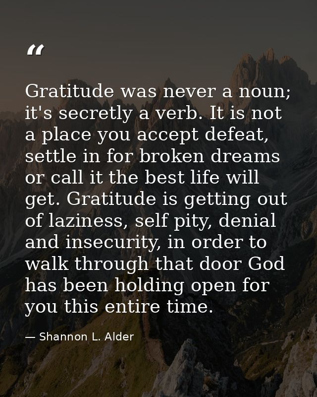 Gratitude was never a noun; it's secretly a verb. It is not a place you accept defeat, settle in for broken dreams or ca — Shannon L. Alder