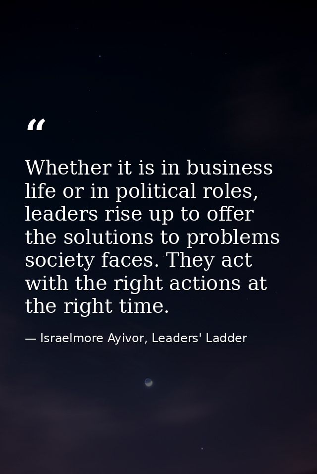 Whether it is in business life or in political roles, leaders rise up to offer the solutions to problems society faces.  — Israelmore Ayivor, Leaders' Ladder