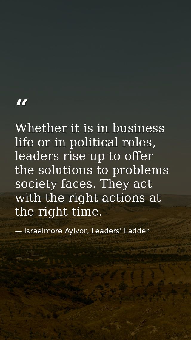Whether it is in business life or in political roles, leaders rise up to offer the solutions to problems society faces.  — Israelmore Ayivor, Leaders' Ladder