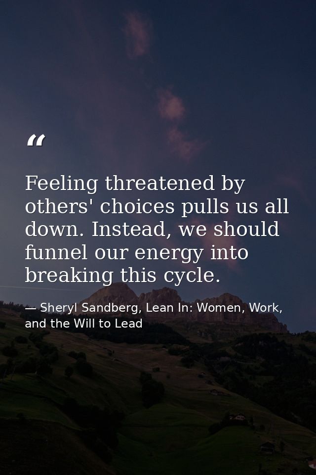 Feeling threatened by others' choices pulls us all down. Instead, we should funnel our energy into breaking this cycle. — Sheryl Sandberg, Lean In: Women, Work, and the Will to Lead