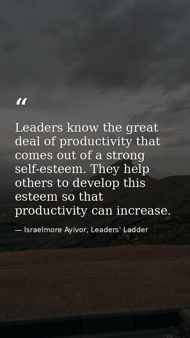 Leaders know the great deal of productivity that comes out of a strong self-esteem. They help others to develop this est — Israelmore Ayivor, Leaders' Ladder