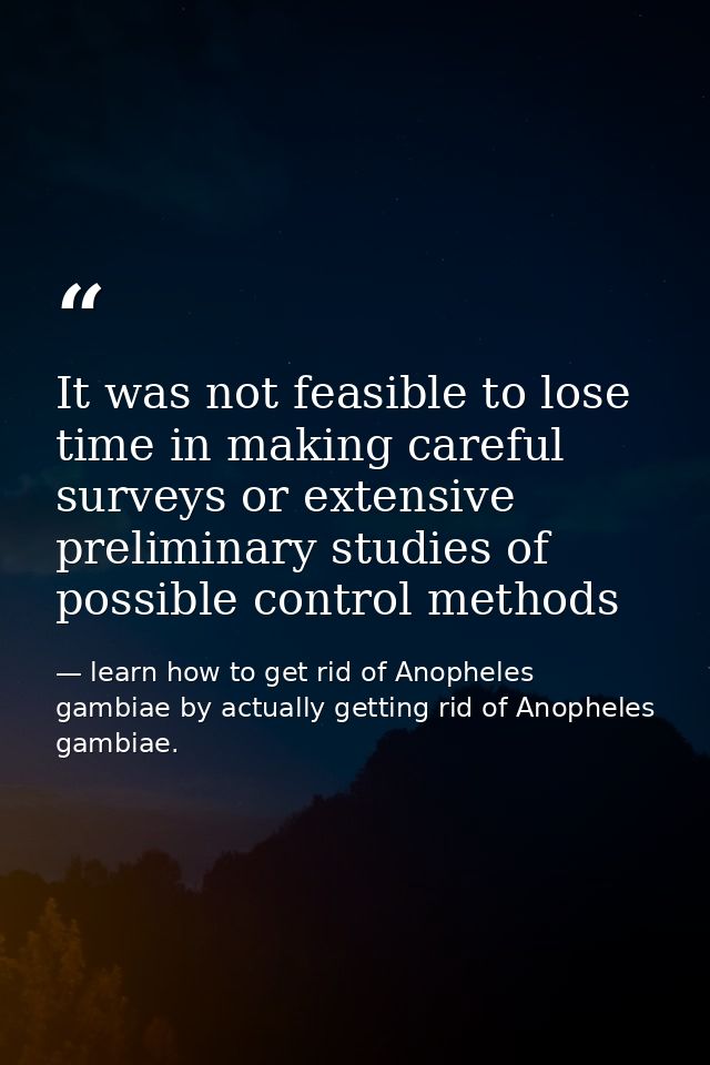It was not feasible to lose time in making careful surveys or extensive preliminary studies of possible control methods — learn how to get rid of Anopheles gambiae by actually getting rid of Anopheles gambiae.