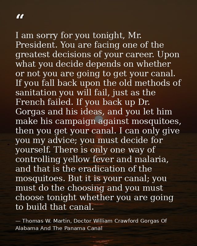 I am sorry for you tonight, Mr. President. You are facing one of the greatest decisions of your career. Upon what you de — Thomas W. Martin, Doctor William Crawford Gorgas Of Alabama And The Panama Canal