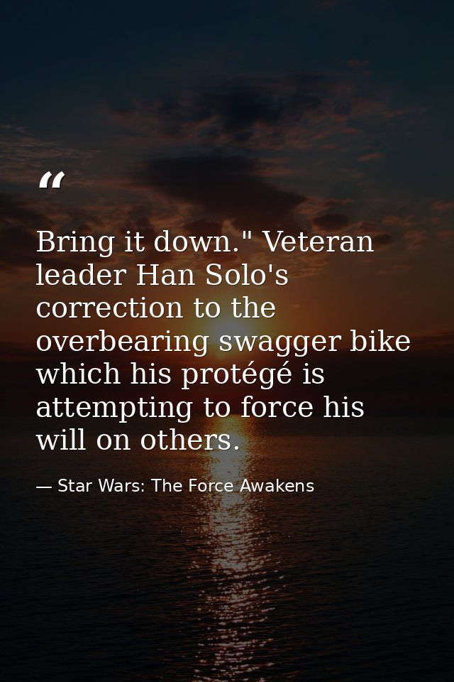 Bring it down." Veteran leader Han Solo's correction to the overbearing swagger bike which his protégé is attempting to  — Star Wars: The Force Awakens