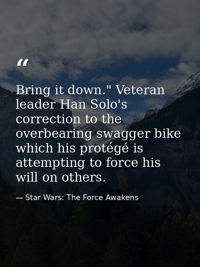 Bring it down." Veteran leader Han Solo's correction to the overbearing swagger bike which his protégé is attempting to  — Star Wars: The Force Awakens