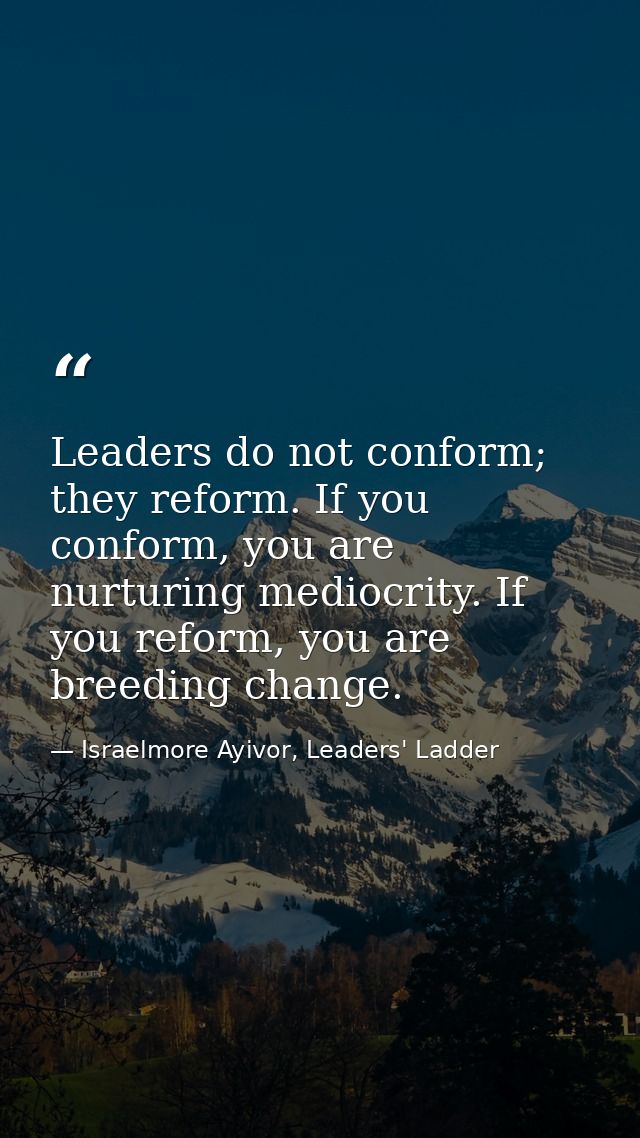Leaders do not conform; they reform. If you conform, you are nurturing mediocrity. If you reform, you are breeding chang — Israelmore Ayivor, Leaders' Ladder