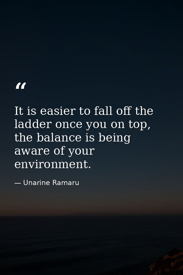 It is easier to fall off the ladder once you on top, the balance is being aware of your environment. — Unarine Ramaru