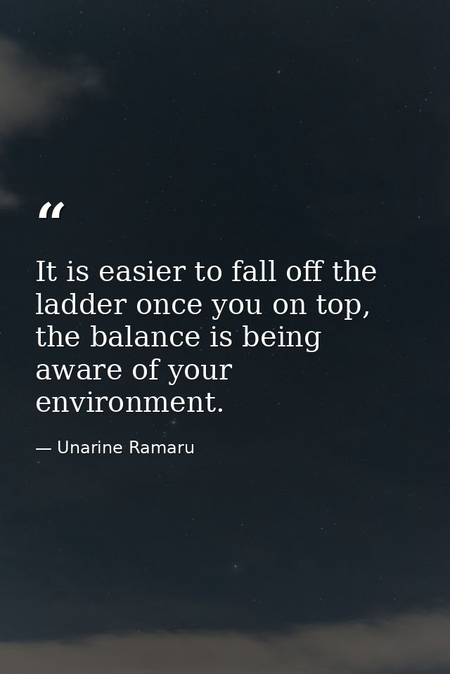 It is easier to fall off the ladder once you on top, the balance is being aware of your environment. — Unarine Ramaru