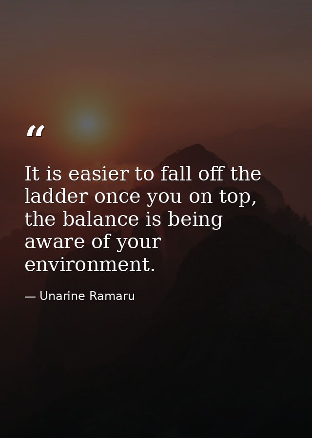 It is easier to fall off the ladder once you on top, the balance is being aware of your environment. — Unarine Ramaru