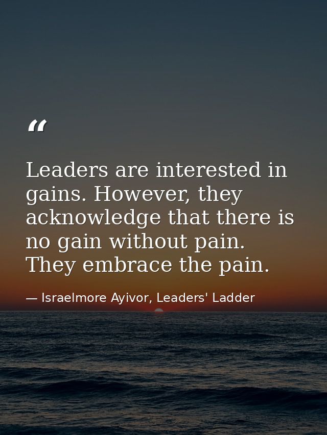 Leaders are interested in gains. However, they acknowledge that there is no gain without pain. They embrace the pain. — Israelmore Ayivor, Leaders' Ladder