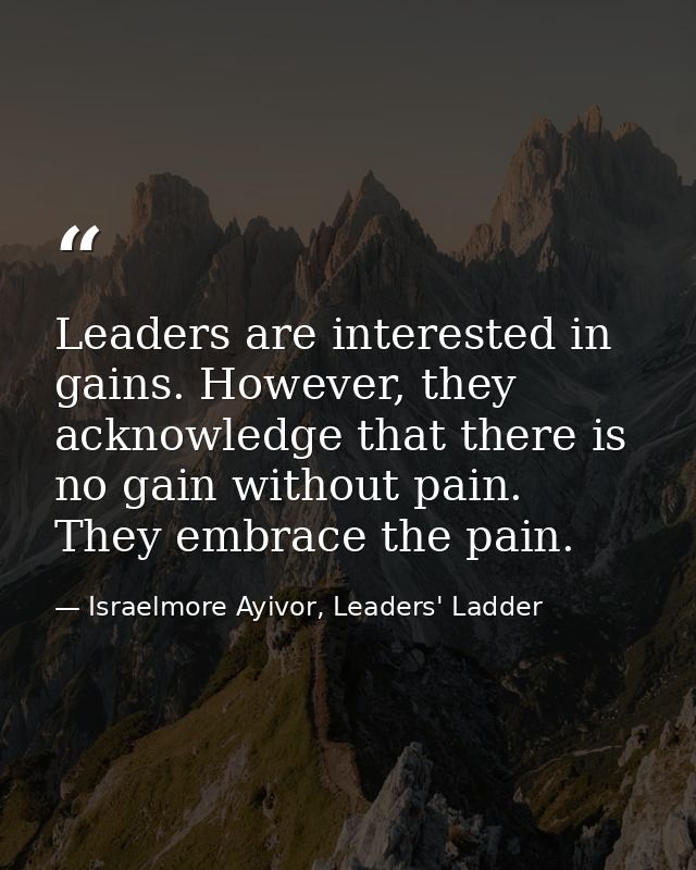 Leaders are interested in gains. However, they acknowledge that there is no gain without pain. They embrace the pain. — Israelmore Ayivor, Leaders' Ladder