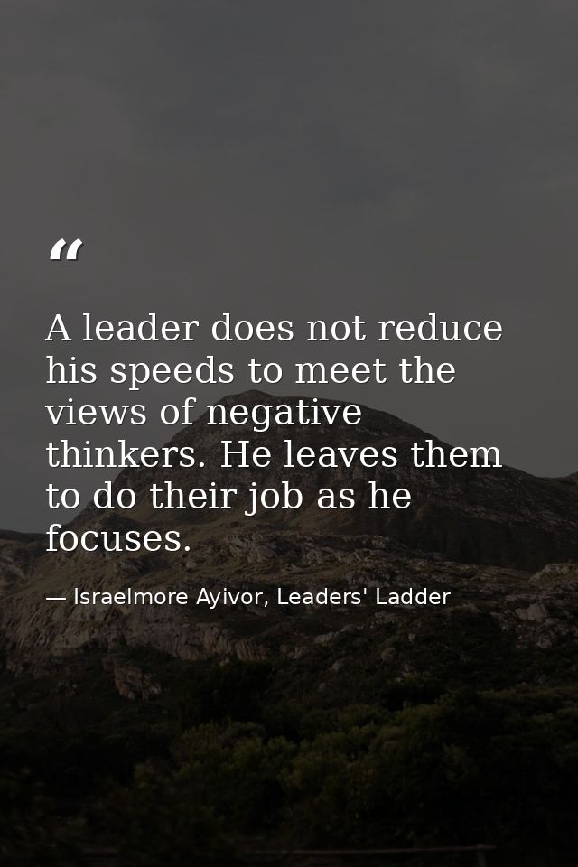 A leader does not reduce his speeds to meet the views of negative thinkers. He leaves them to do their job as he focuses — Israelmore Ayivor, Leaders' Ladder