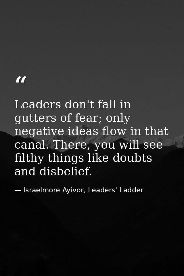 Leaders don't fall in gutters of fear; only negative ideas flow in that canal. There, you will see filthy things like do — Israelmore Ayivor, Leaders' Ladder