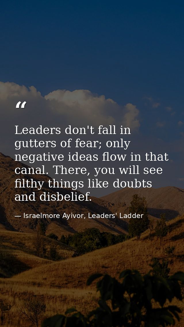 Leaders don't fall in gutters of fear; only negative ideas flow in that canal. There, you will see filthy things like do — Israelmore Ayivor, Leaders' Ladder
