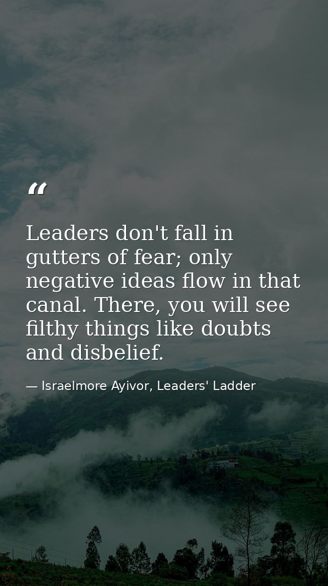 Leaders don't fall in gutters of fear; only negative ideas flow in that canal. There, you will see filthy things like do — Israelmore Ayivor, Leaders' Ladder