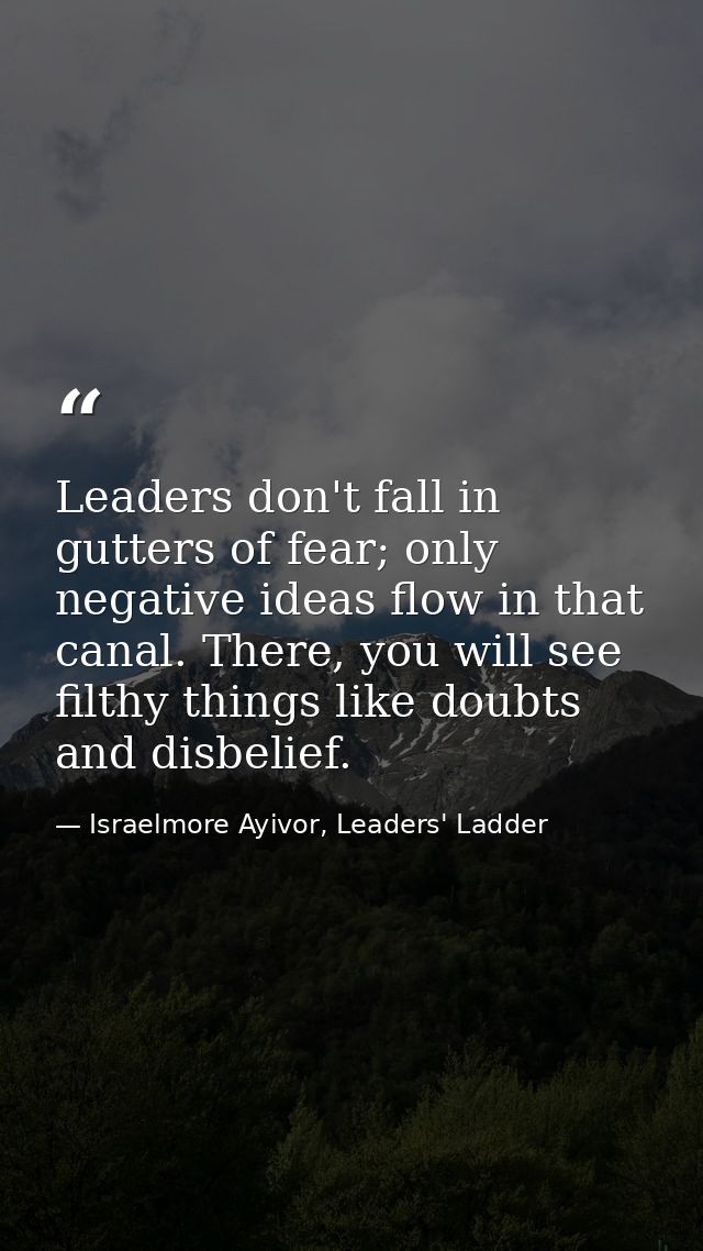 Leaders don't fall in gutters of fear; only negative ideas flow in that canal. There, you will see filthy things like do — Israelmore Ayivor, Leaders' Ladder