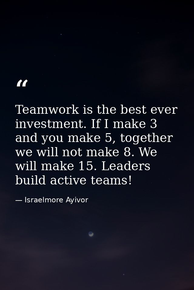 Teamwork is the best ever investment. If I make 3 and you make 5, together we will not make 8. We will make 15. Leaders  — Israelmore Ayivor