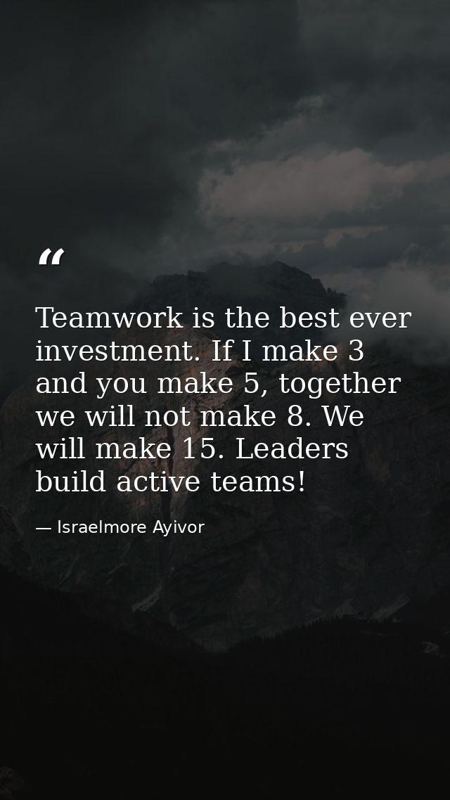 Teamwork is the best ever investment. If I make 3 and you make 5, together we will not make 8. We will make 15. Leaders  — Israelmore Ayivor