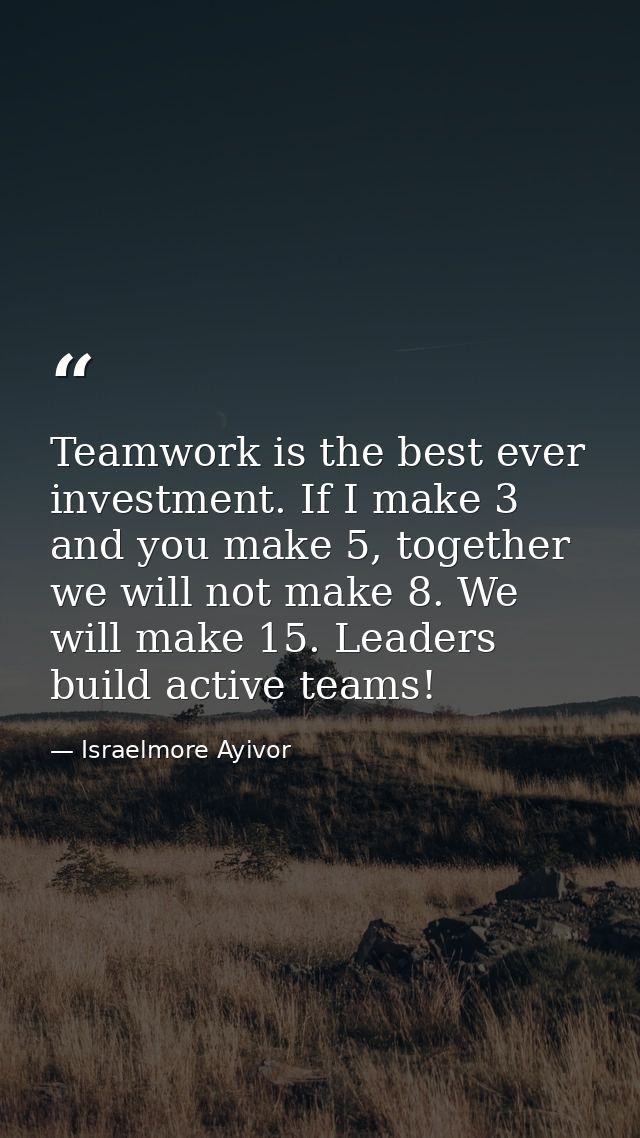 Teamwork is the best ever investment. If I make 3 and you make 5, together we will not make 8. We will make 15. Leaders  — Israelmore Ayivor