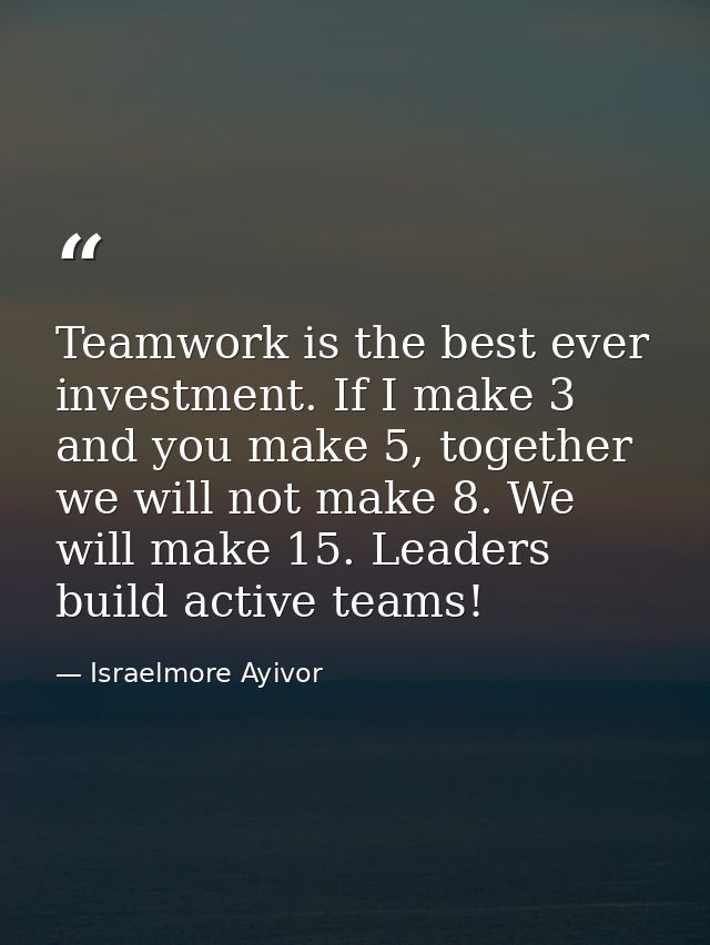 Teamwork is the best ever investment. If I make 3 and you make 5, together we will not make 8. We will make 15. Leaders  — Israelmore Ayivor