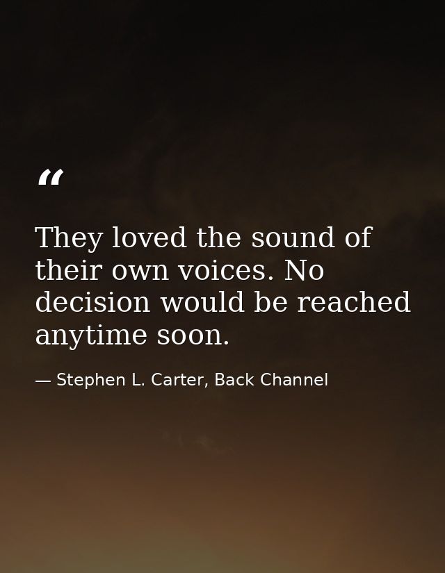 They loved the sound of their own voices. No decision would be reached anytime soon. — Stephen L. Carter, Back Channel