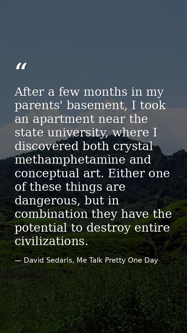 After a few months in my parents' basement, I took an apartment near the state university, where I discovered both cryst — David Sedaris, Me Talk Pretty One Day