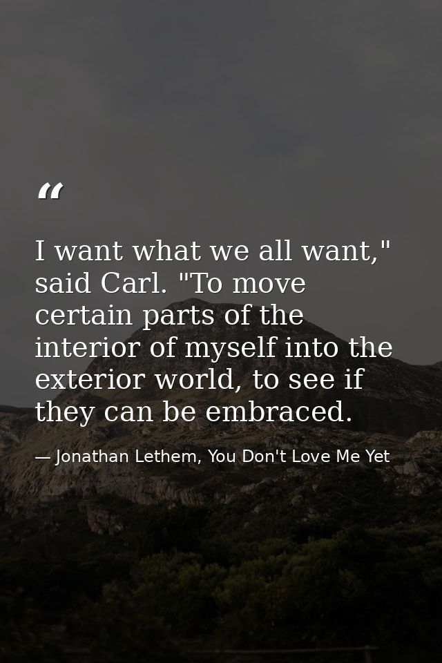 I want what we all want," said Carl. "To move certain parts of the interior of myself into the exterior world, to see if — Jonathan Lethem, You Don't Love Me Yet