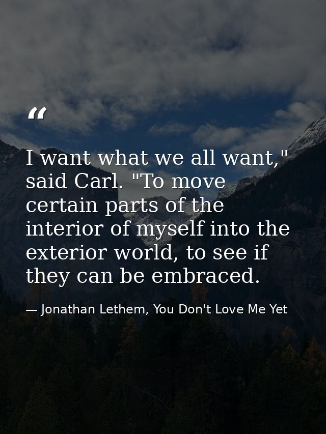 I want what we all want," said Carl. "To move certain parts of the interior of myself into the exterior world, to see if — Jonathan Lethem, You Don't Love Me Yet
