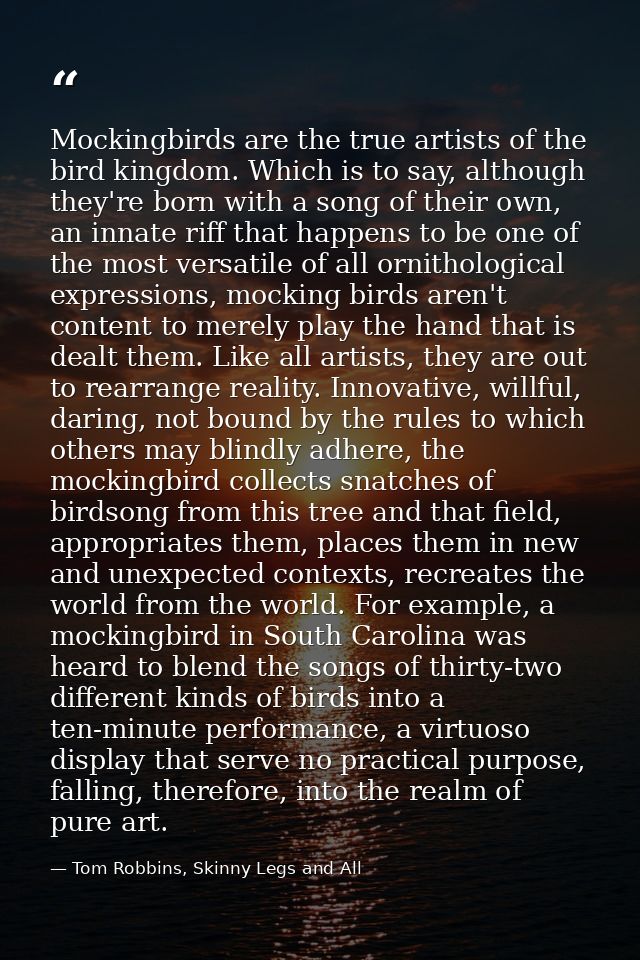 Mockingbirds are the true artists of the bird kingdom. Which is to say, although they're born with a song of their own,  — Tom Robbins, Skinny Legs and All