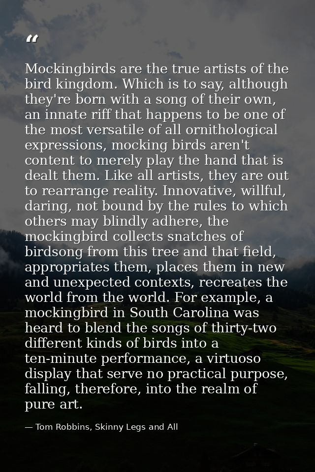 Mockingbirds are the true artists of the bird kingdom. Which is to say, although they're born with a song of their own,  — Tom Robbins, Skinny Legs and All
