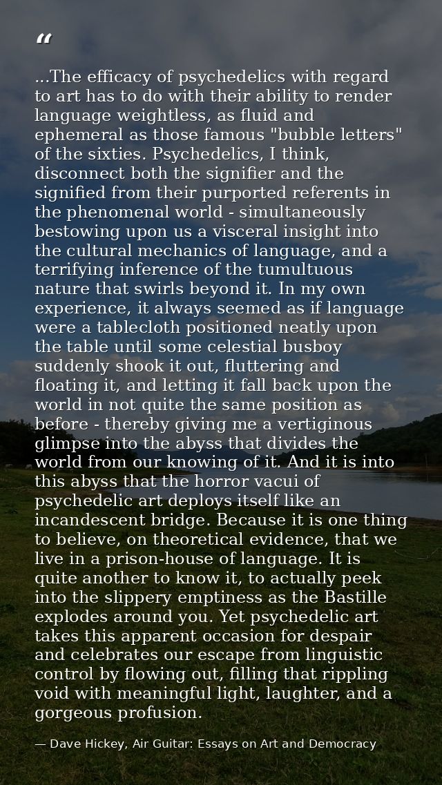 ...The efficacy of psychedelics with regard to art has to do with their ability to render language weightless, as fluid  — Dave Hickey, Air Guitar: Essays on Art and Democracy