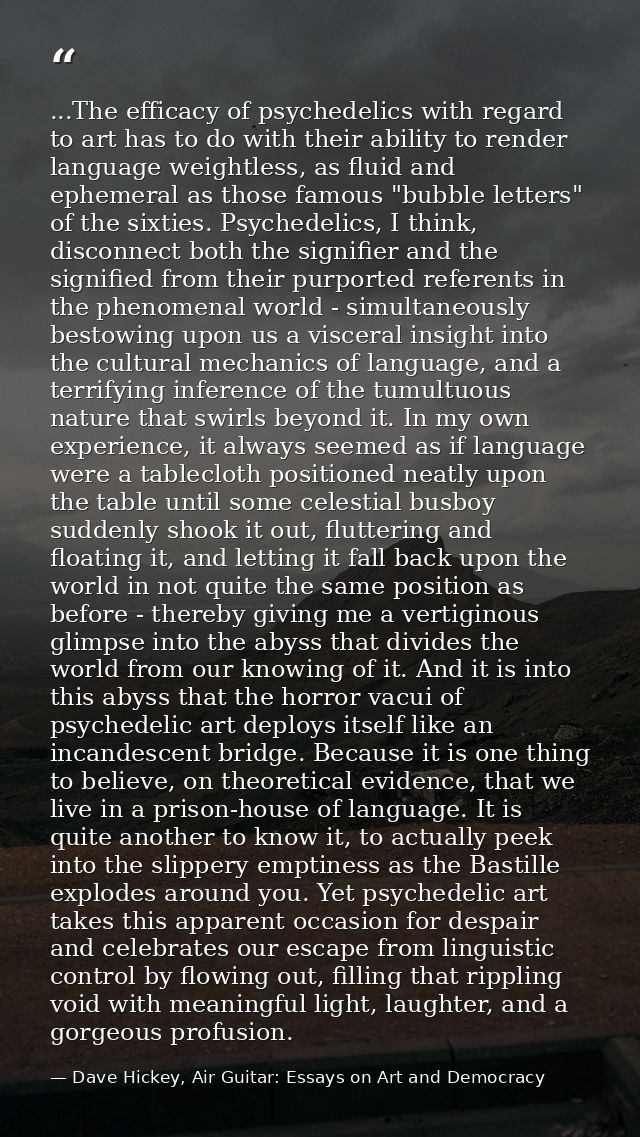 ...The efficacy of psychedelics with regard to art has to do with their ability to render language weightless, as fluid  — Dave Hickey, Air Guitar: Essays on Art and Democracy