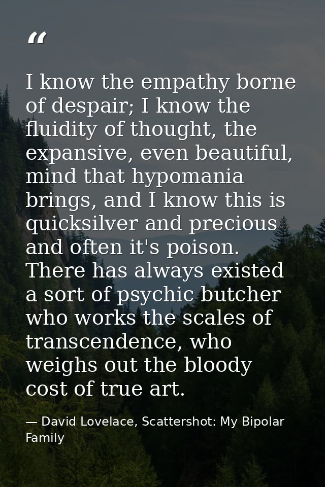 I know the empathy borne of despair; I know the fluidity of thought, the expansive, even beautiful, mind that hypomania  — David Lovelace, Scattershot: My Bipolar Family