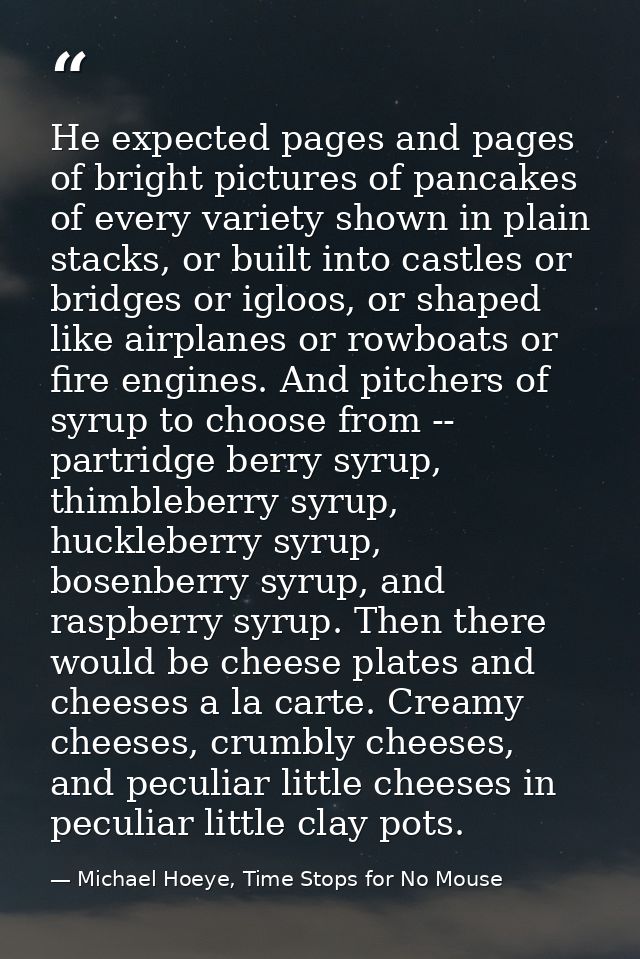 He expected pages and pages of bright pictures of pancakes of every variety shown in plain stacks, or built into castles — Michael Hoeye, Time Stops for No Mouse