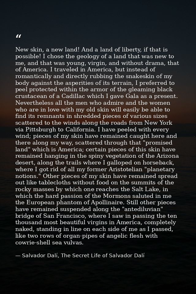 New skin, a new land! And a land of liberty, if that is possible! I chose the geology of a land that was new to me, and  — Salvador Dalí, The Secret Life of Salvador Dalí