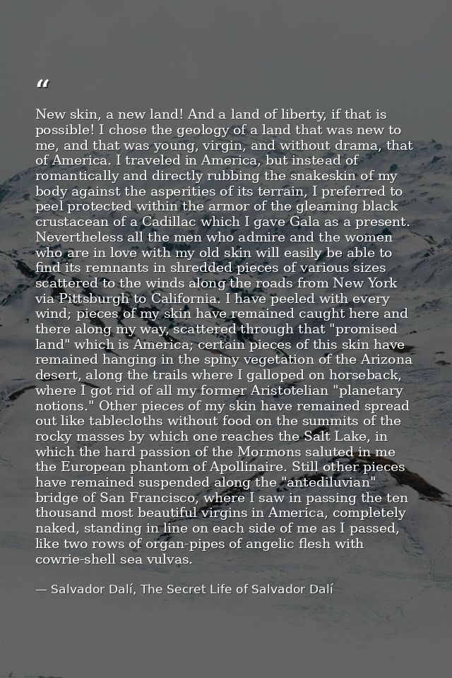 New skin, a new land! And a land of liberty, if that is possible! I chose the geology of a land that was new to me, and  — Salvador Dalí, The Secret Life of Salvador Dalí