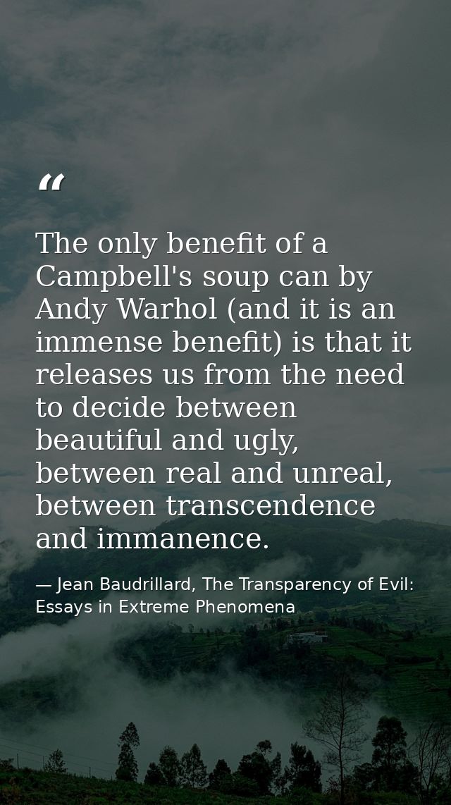 The only benefit of a Campbell's soup can by Andy Warhol (and it is an immense benefit) is that it releases us from the  — Jean Baudrillard, The Transparency of Evil: Essays in Extreme Phenomena