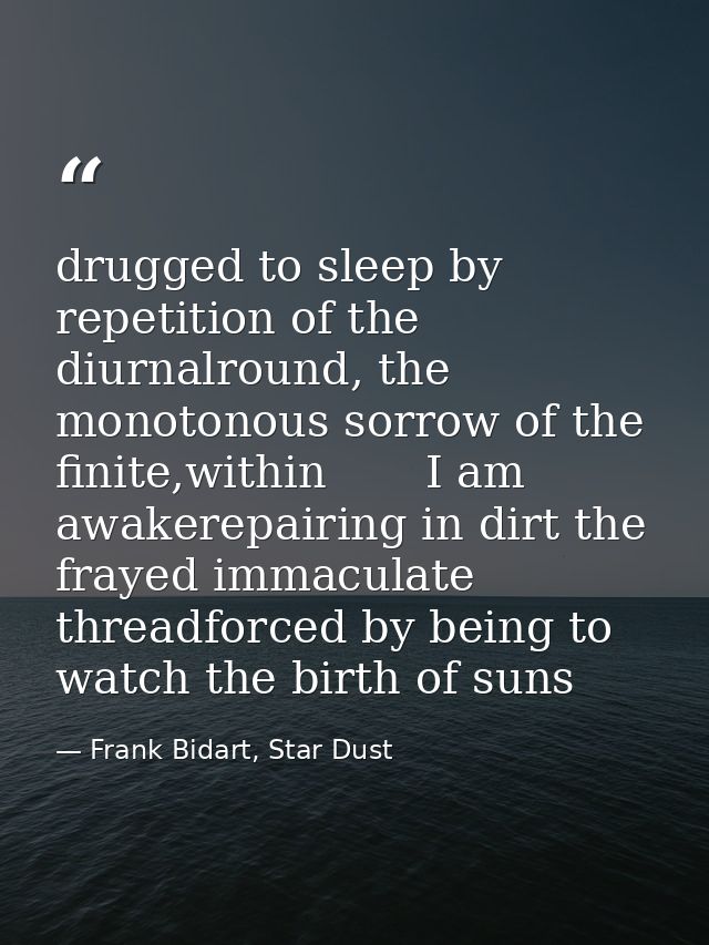 drugged to sleep by repetition of the diurnalround, the monotonous sorrow of the finite,within       I am awakerepairing — Frank Bidart, Star Dust