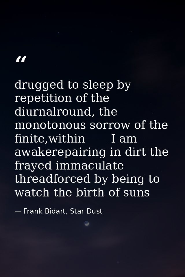 drugged to sleep by repetition of the diurnalround, the monotonous sorrow of the finite,within       I am awakerepairing — Frank Bidart, Star Dust