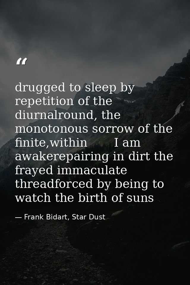 drugged to sleep by repetition of the diurnalround, the monotonous sorrow of the finite,within       I am awakerepairing — Frank Bidart, Star Dust