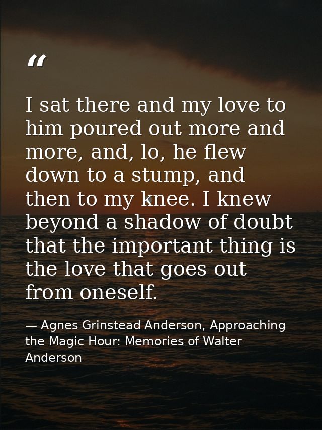 I sat there and my love to him poured out more and more, and, lo, he flew down to a stump, and then to my knee. I knew b — Agnes Grinstead Anderson, Approaching the Magic Hour: Memories of Walter Anderson