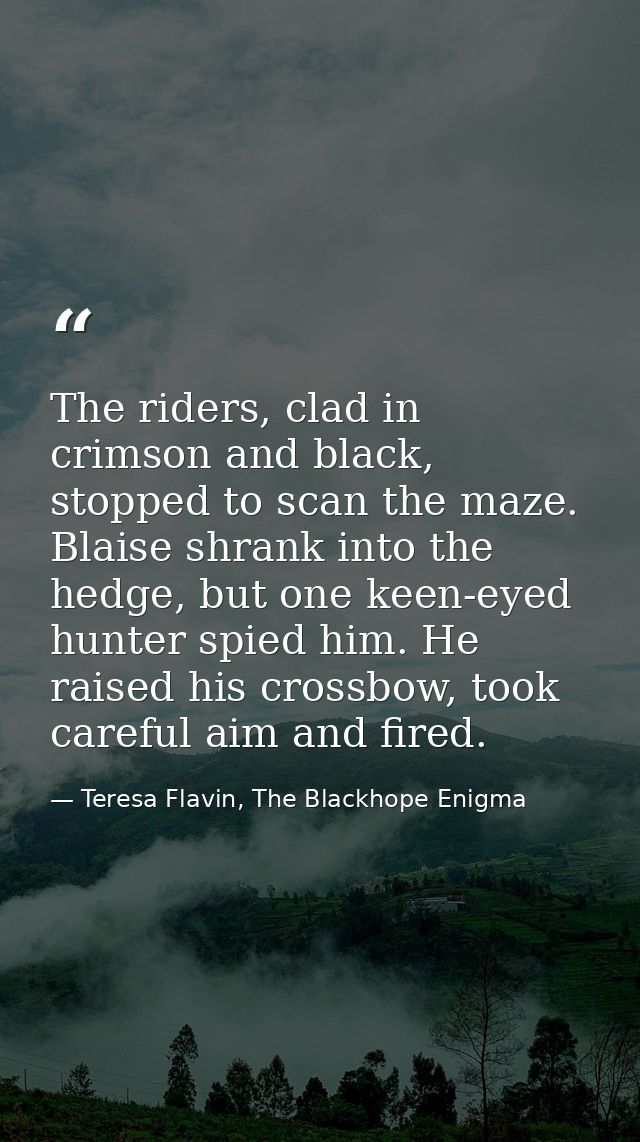 The riders, clad in crimson and black, stopped to scan the maze. Blaise shrank into the hedge, but one keen-eyed hunter  — Teresa Flavin, The Blackhope Enigma