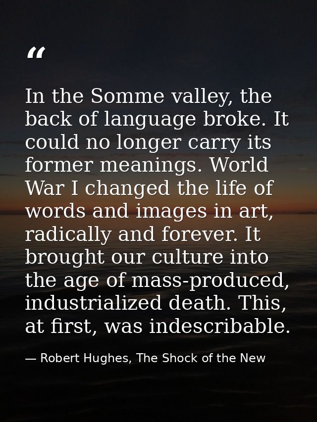In the Somme valley, the back of language broke. It could no longer carry its former meanings. World War I changed the l — Robert Hughes, The Shock of the New